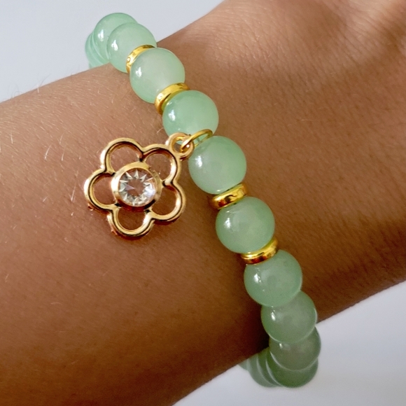 Minty Green and Gold Flower Charm Bracelet, Mint Green Charm Bracelet, Bracelet - Picture 5 of 8